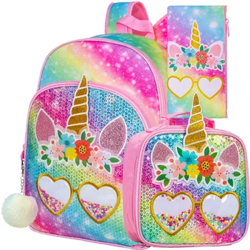 Рюкзак с единорогом из 3шт, 16-дюймовая детская сумка с радужными блестками для девочек с коробкой для ланча, школьные сумки для начальной школы, детский сад