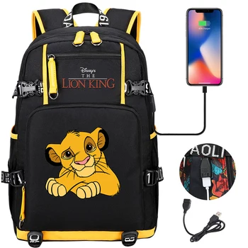 Рюкзаки Disney The Lion King, школьный ранец, сумка для ноутбука большой емкости, водонепроницаемая многофункциональная USB-зарядка Mochila