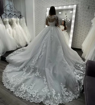 Свадебное платье принцессы 2023 с прозрачным вырезом и длинным рукавом, расшитое цветочным кружевом и блестками, свадебное платье Abiti Da Sposa Vestidos De Novia