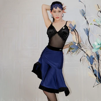 Сексуальное сетчатое платье для латиноамериканских танцев в стиле пэчворк с V-образным вырезом, женское модное сценическое боди, юбка, комплект одежды для ча-Ча-ча ADL20