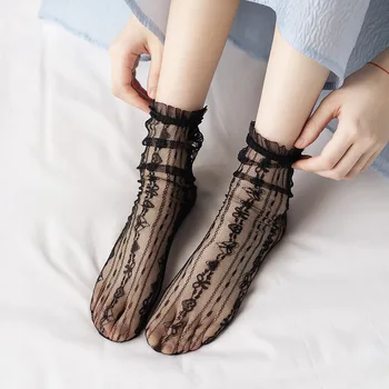 Сексуальные кружевные носки с рюшами в Японском стиле, Ультратонкие Летние носки с сеткой, женские модные длинные носки в стиле харадзюку в стиле ретро, прозрачные