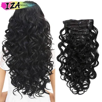 Синтетическая заколка для наращивания волос IZA, объемная волна, черно-коричневый цвет, 7 шт./компл. заколок из высокотемпературных волокон для волос