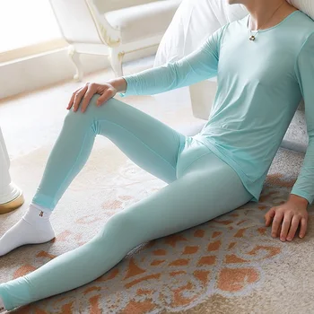 Совершенно новый мужской комплект термальных кальсон, нижнее белье, сексуальные брюки с длинным рукавом из ледяного шелка, топы, эластичное Ультратонкое нижнее белье для сна