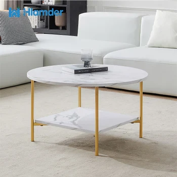 Современный круглый журнальный столик, двухслойный дизайнерский столик с достаточным пространством для хранения, металлический каркас со столешницей мраморного цвета-31,5 