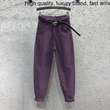 Темно-фиолетовые женские джинсы, Новые весенне-осенние женские шаровары, универсальные хлопковые эластичные джинсовые брюки с вышивкой в виде букв с высокой талией