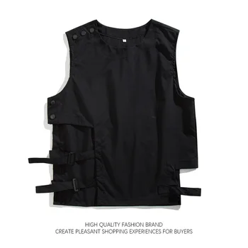 Темно-черная рабочая одежда, костюм, жилет, мужской японский модный жилет без рукавов в функциональном стиле хип-хоп, куртка, жилет унисекс в японском стиле