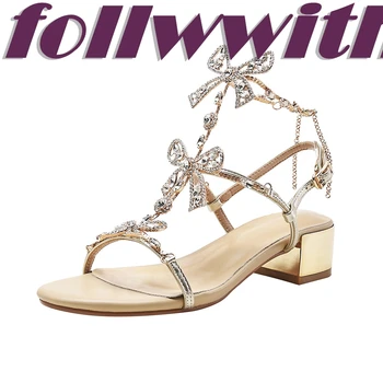 Узкополосные хрустальные Сандалии-бабочки с узлом на толстом каблуке, Белая массивная пряжка, Уникальная дизайнерская летняя женская обувь для подиума 2022 года