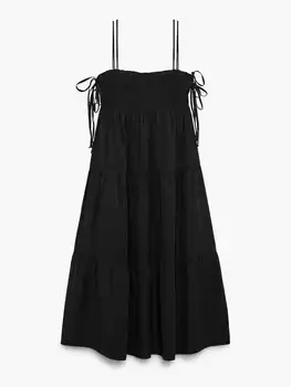 Хлопковое черное гофрированное платье Миди в стиле бохо женское летнее платье на бретельках новое повседневное праздничное пляжное платье в стиле бохо 2023