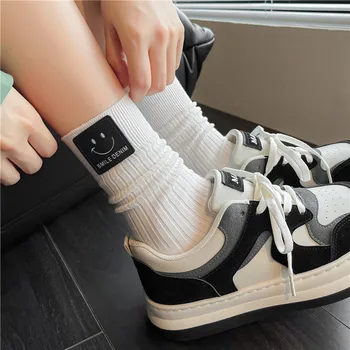 Хлопчатобумажные носки средней длины с ворсом Japanese College Wind, спортивные носки с кожаной этикеткой 