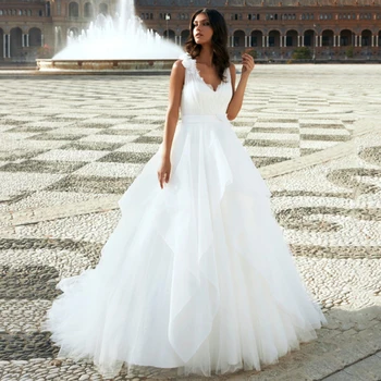 Элегантные свадебные платья с оборками для невесты, V-образный вырез, длина до пола, без рукавов, А-образный шлейф, спинка 2022, белые свадебные платья