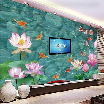 бейбехан Лотос девять рыб изображение телевизора диван фон стены пользовательские большие фрески шелк шелковая ткань экологические обои фреска