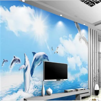 изготовленная на заказ большая фреска wellyu дельфины, выходящие из воды, символ любви влюбленных на фоне телевизора. wallpap бумага для рисования para quarto